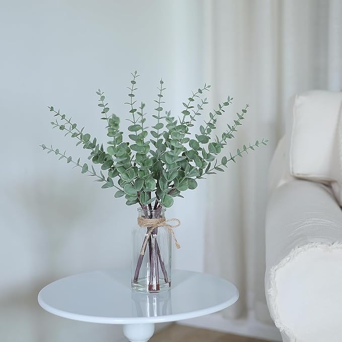 17.5" Artificial Eucalyptus Stems in Glass Vase with Faux Water,Fake Plant Eucalyptus Leaves White Seeds for Centerpiece Table Decorations Farmhouse Wedding Home Greenery Decor (Sage Green)