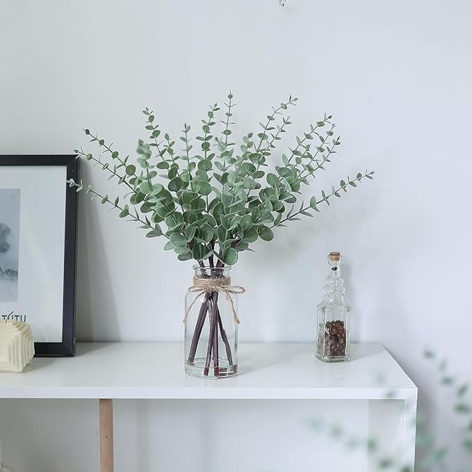 17.5" Artificial Eucalyptus Stems in Glass Vase with Faux Water,Fake Plant Eucalyptus Leaves White Seeds for Centerpiece Table Decorations Farmhouse Wedding Home Greenery Decor (Sage Green)