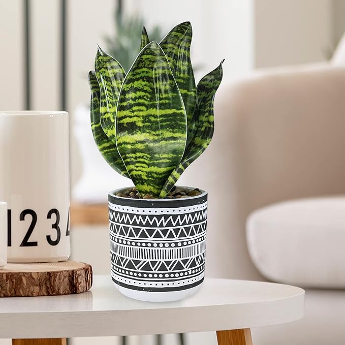 3 Pcs Small Potted Plants Artificial Succulents Hanging Plants and Faux Tropical Snake Plant in Black Geometric Pots for Modern Home Kitchen Windowsill Table Shelf Indoor Outdoor Greenery Decor