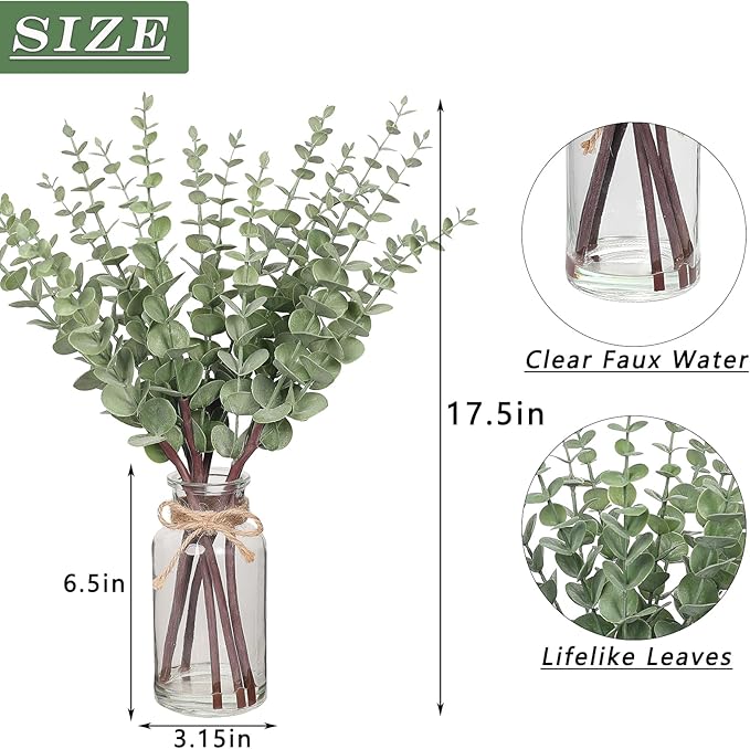 17.5" Artificial Eucalyptus Stems in Glass Vase with Faux Water,Fake Plant Eucalyptus Leaves White Seeds for Centerpiece Table Decorations Farmhouse Wedding Home Greenery Decor (Sage Green)