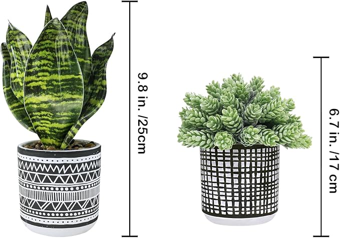 3 Pcs Small Potted Plants Artificial Succulents Hanging Plants and Faux Tropical Snake Plant in Black Geometric Pots for Modern Home Kitchen Windowsill Table Shelf Indoor Outdoor Greenery Decor