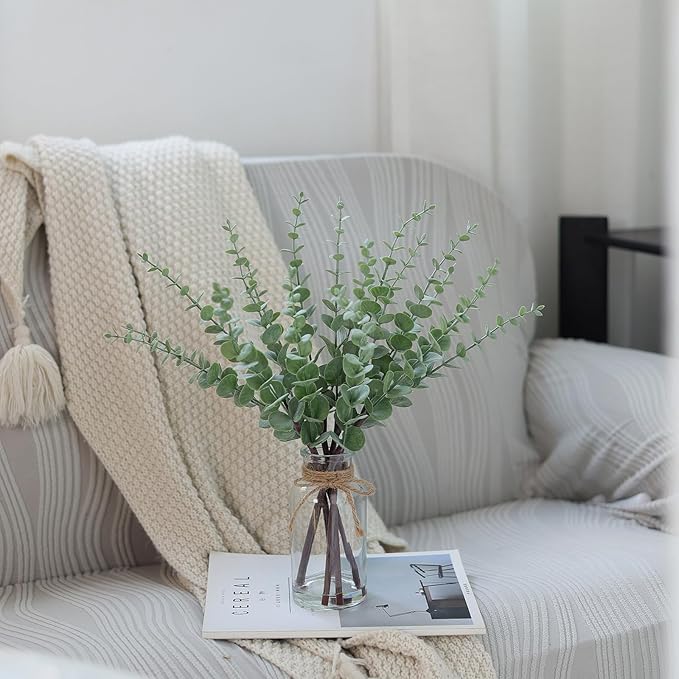 17.5" Artificial Eucalyptus Stems in Glass Vase with Faux Water,Fake Plant Eucalyptus Leaves White Seeds for Centerpiece Table Decorations Farmhouse Wedding Home Greenery Decor (Sage Green)