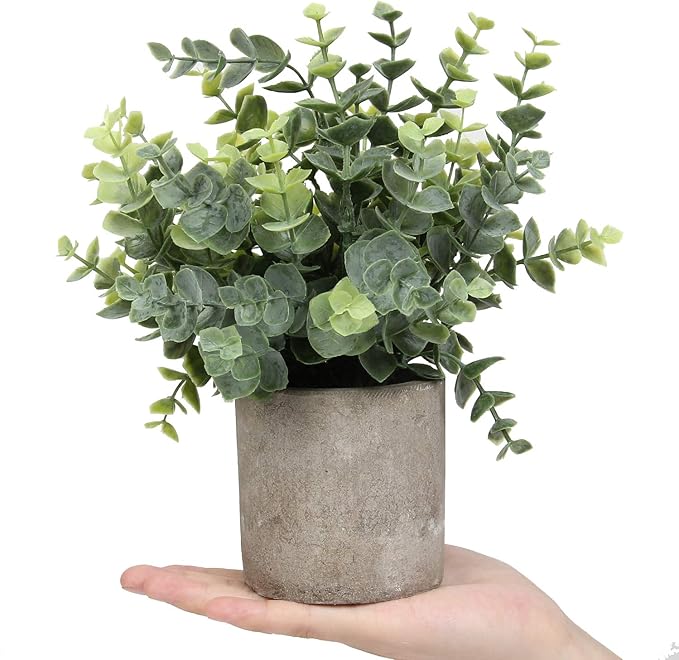 Mini Potted Plants Artificial Eucalyptus Boxwood Rosemary Faux Herbs Small House Plants 8.3"-9" Tall for Indoor Greenery Tabletop Décor Centerpiece (Sprayed Eucalyptus)