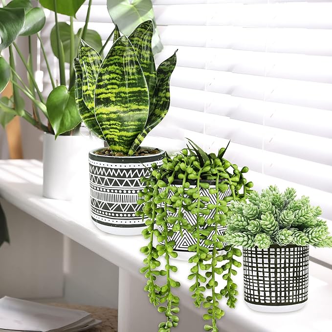 3 Pcs Small Potted Plants Artificial Succulents Hanging Plants and Faux Tropical Snake Plant in Black Geometric Pots for Modern Home Kitchen Windowsill Table Shelf Indoor Outdoor Greenery Decor