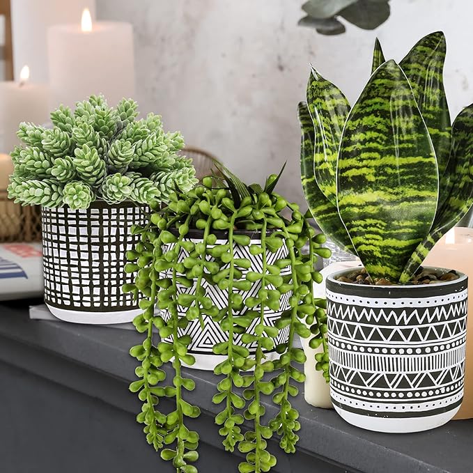 3 Pcs Small Potted Plants Artificial Succulents Hanging Plants and Faux Tropical Snake Plant in Black Geometric Pots for Modern Home Kitchen Windowsill Table Shelf Indoor Outdoor Greenery Decor