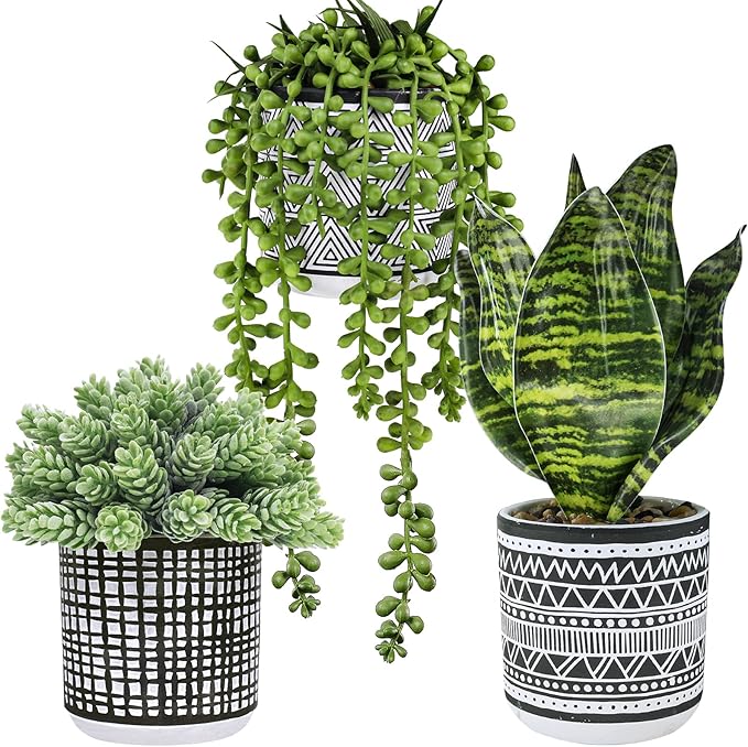 3 Pcs Small Potted Plants Artificial Succulents Hanging Plants and Faux Tropical Snake Plant in Black Geometric Pots for Modern Home Kitchen Windowsill Table Shelf Indoor Outdoor Greenery Decor