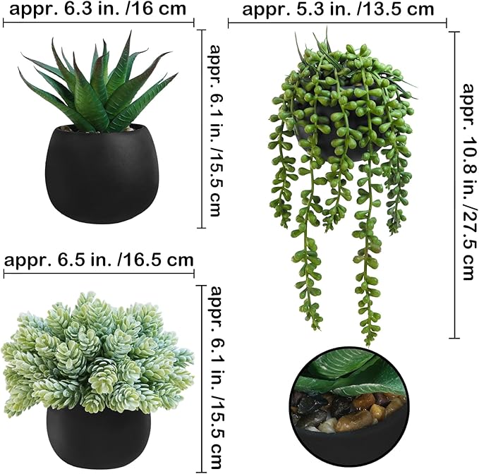 Set of 3 Artificial Succulent Plants in Black Concrete Pots Faux Aloe Hops String of Pearls Potted Plants Small Fake Plants Desk Plants for Home Office Desk Kitchen Bathroom Shelf Windowsill