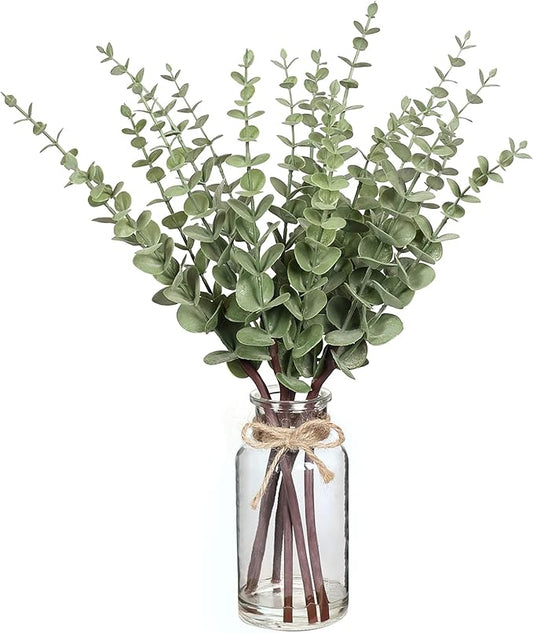 17.5" Artificial Eucalyptus Stems in Glass Vase with Faux Water,Fake Plant Eucalyptus Leaves White Seeds for Centerpiece Table Decorations Farmhouse Wedding Home Greenery Decor (Sage Green)