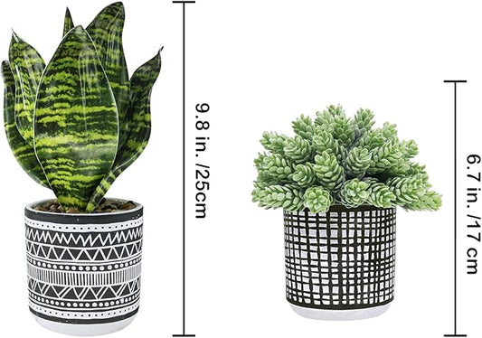 3 Pcs Small Potted Plants Artificial Succulents Hanging Plants and Faux Tropical Snake Plant in Black Geometric Pots for Modern Home Kitchen Windowsill Table Shelf Indoor Outdoor Greenery Decor