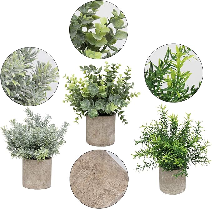 Mini Potted Plants Artificial Eucalyptus Boxwood Rosemary Faux Herbs Small House Plants 8.3"-9" Tall for Indoor Greenery Tabletop Décor Centerpiece (Sprayed Eucalyptus)