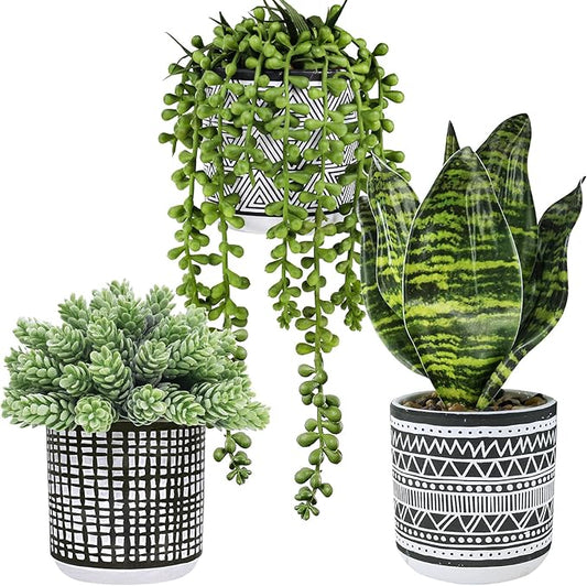 3 Pcs Small Potted Plants Artificial Succulents Hanging Plants and Faux Tropical Snake Plant in Black Geometric Pots for Modern Home Kitchen Windowsill Table Shelf Indoor Outdoor Greenery Decor